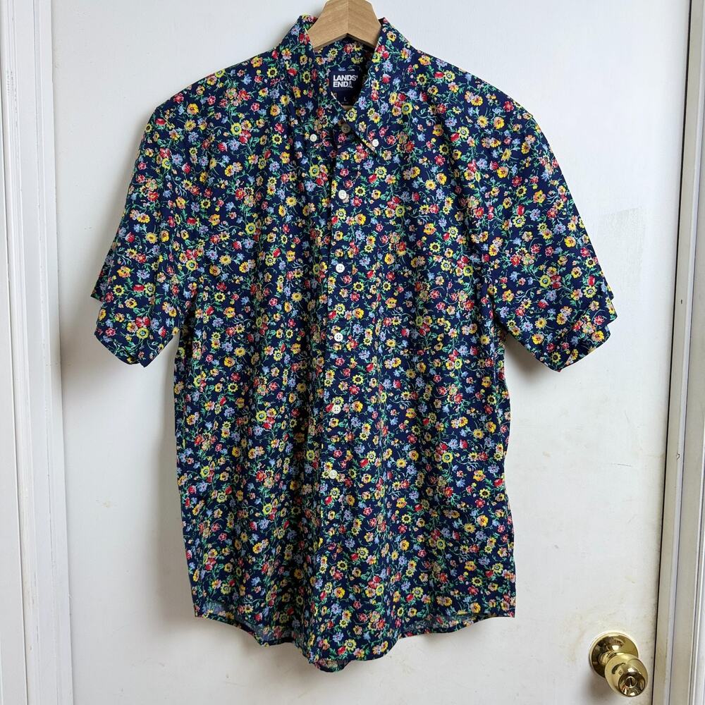Lands End Mens Sz Large Blue Floral Camp Shirt Oeko Tex Dadcore Vacation Preppy - Picture 1 of 8